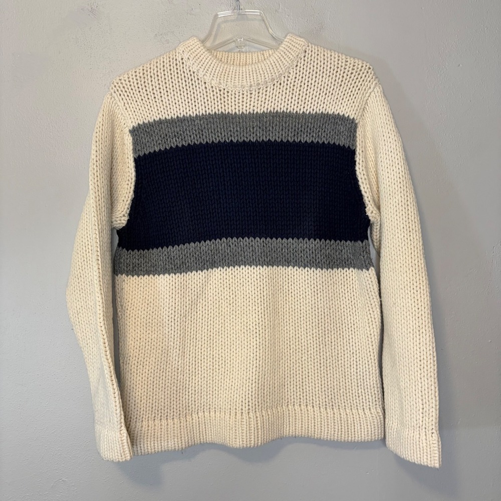 Vtg American Eagle Mens M Lambswool Striped Chunky Sweater Cream Navy Grey 90s